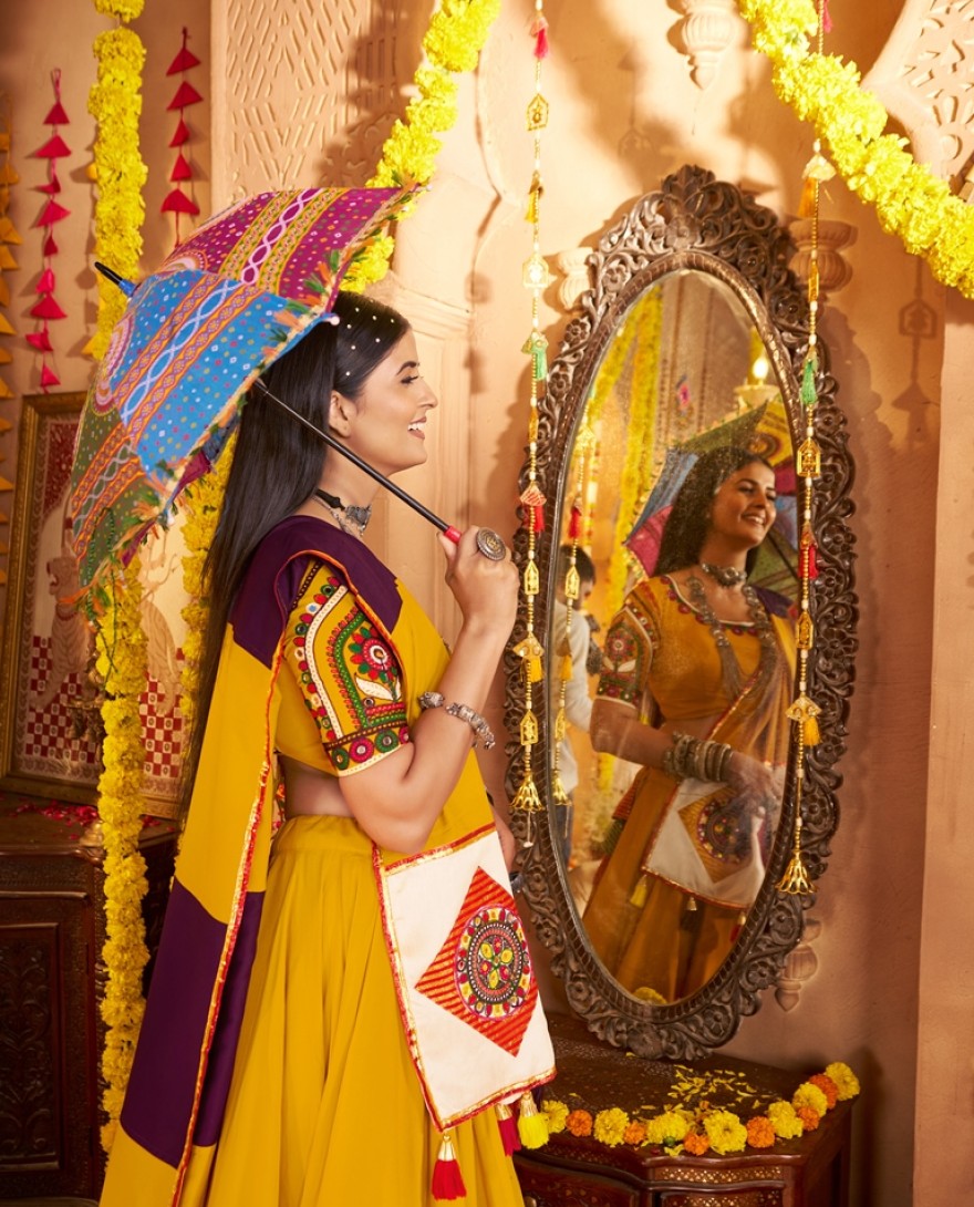 11042-yellow - Garba Elegance in Mustard Yellow Patchwork Splendor